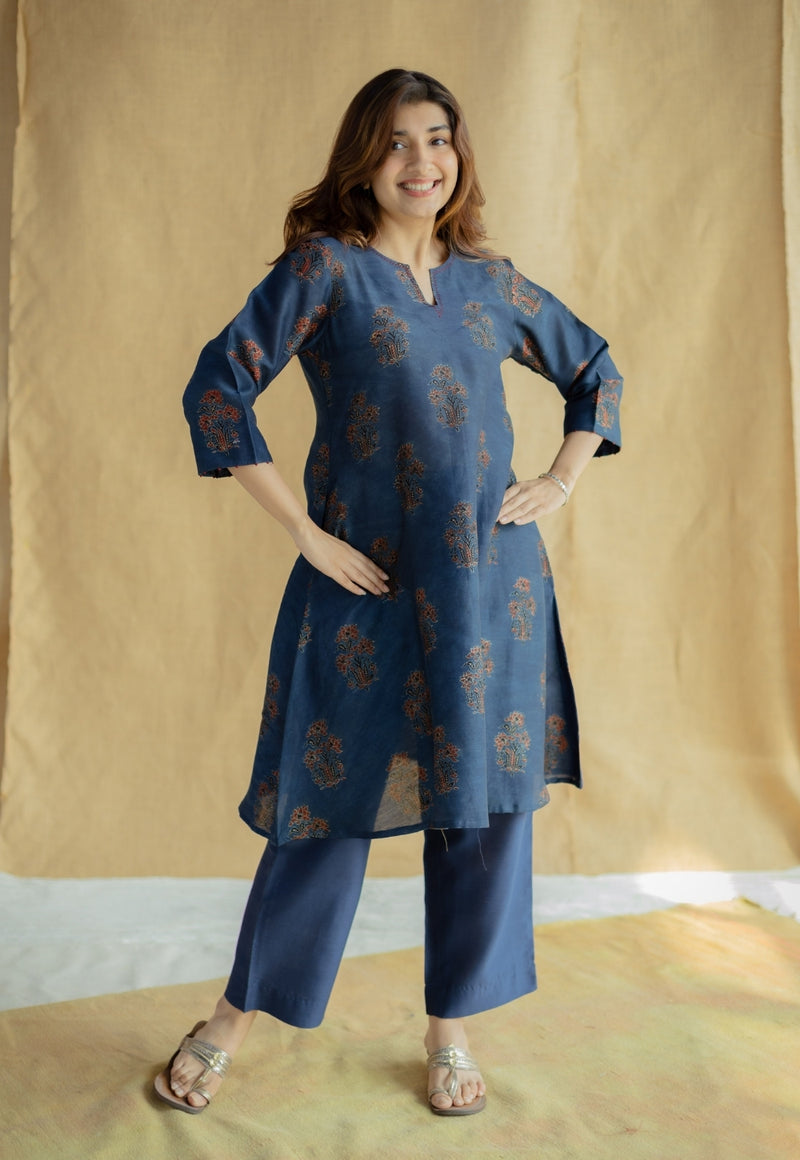 Daksha Dark Indigo Ajrakh Chanderi Silk A Line Kurta with Hand Embroidery