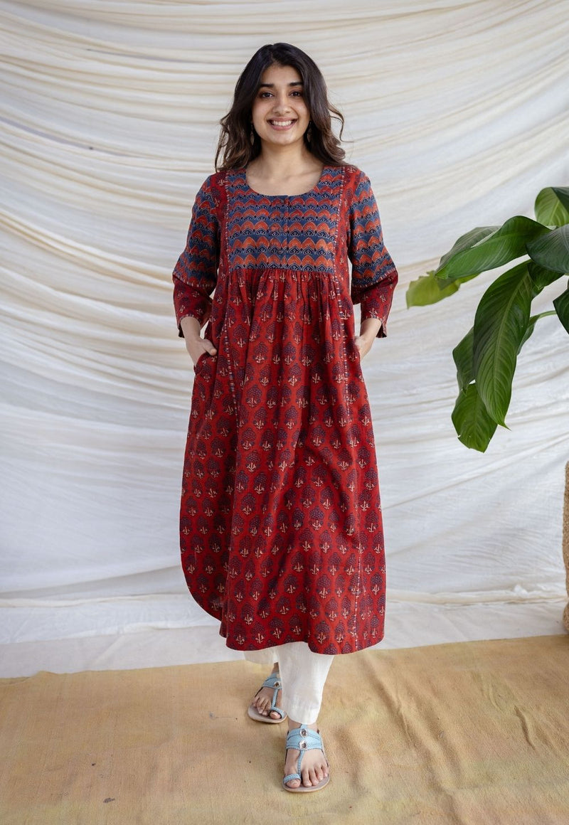 Divyathi Maroon Ajrakh Cotton A Line Kurta