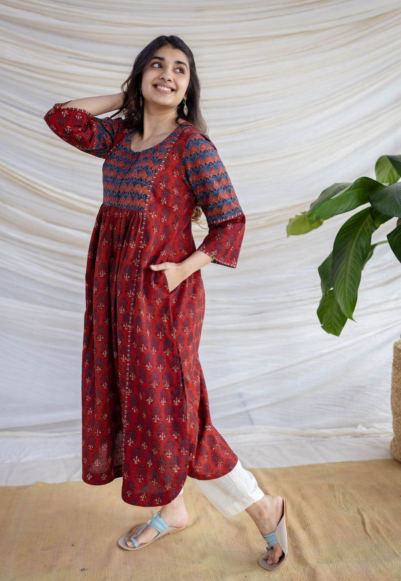 Divyathi Maroon Ajrakh Cotton A Line Kurta