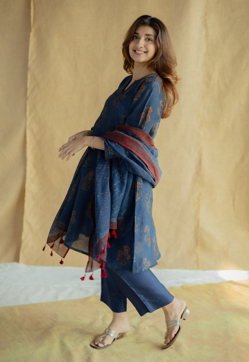 Daksha Dark Indigo Ajrakh Chanderi Silk A Line Kurta with Hand Embroidery