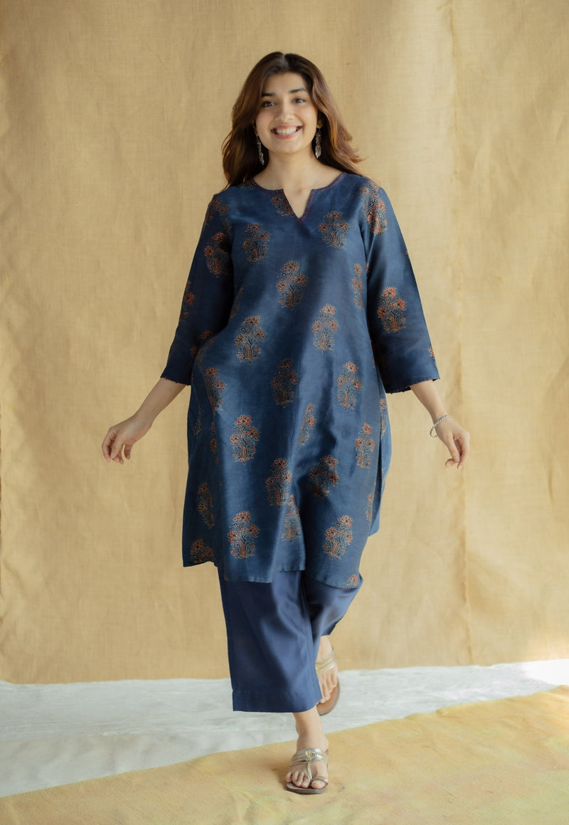 Daksha Dark Indigo Ajrakh Chanderi Silk A Line Kurta with Hand Embroidery