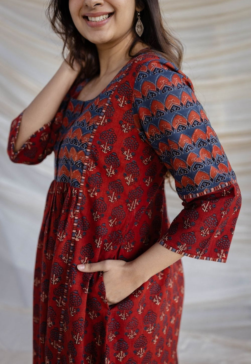 Divyathi Maroon Ajrakh Cotton A Line Kurta