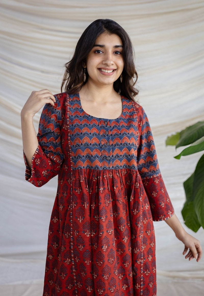 Divyathi Maroon Ajrakh Cotton A Line Kurta