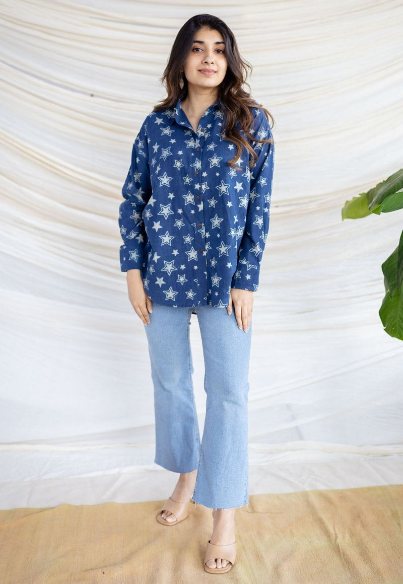 Filza Navy Blue Ajrakh Cotton Loose Shirt