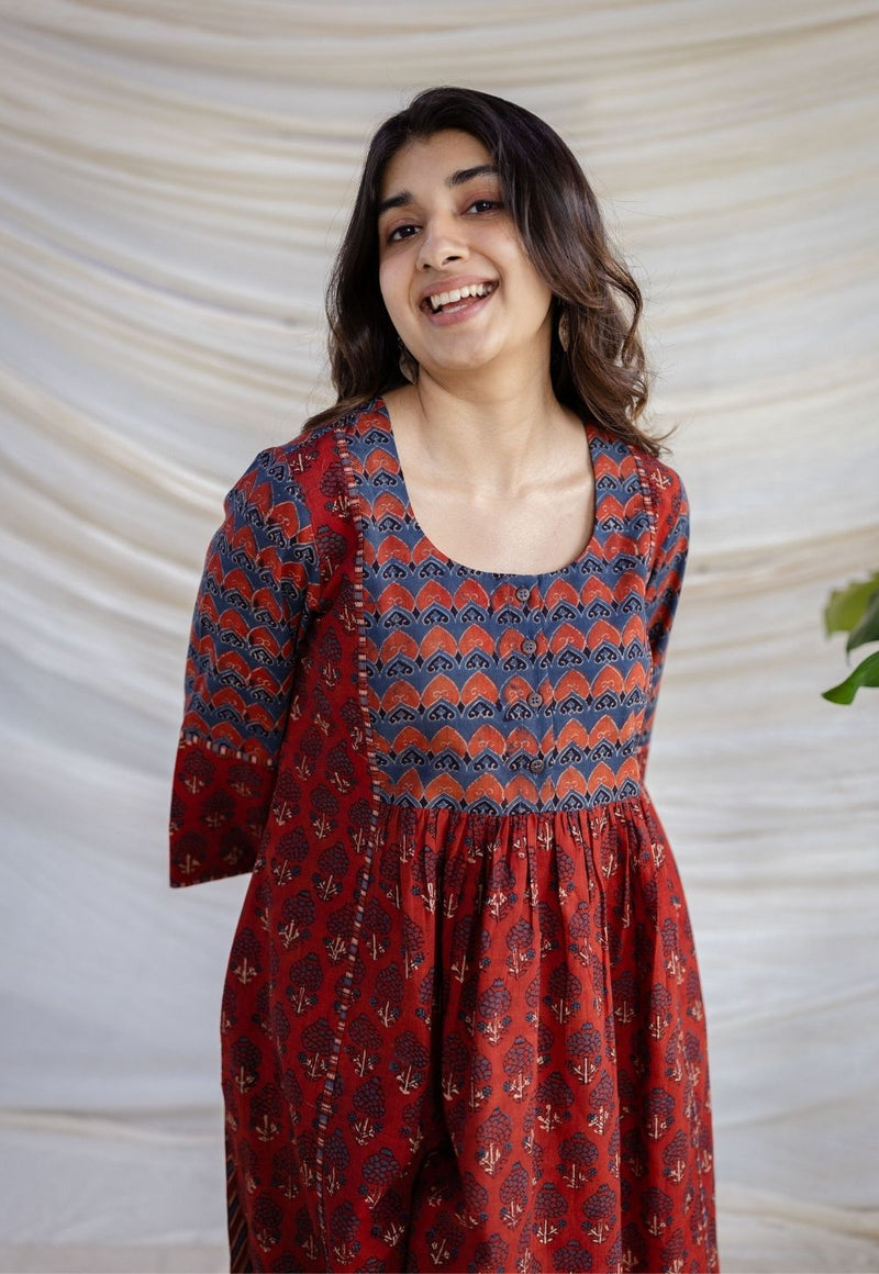 Divyathi Maroon Ajrakh Cotton A Line Kurta