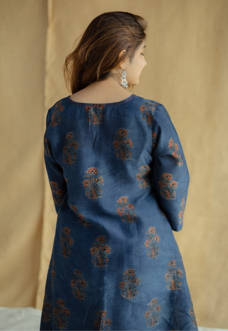 Daksha Dark Indigo Ajrakh Chanderi Silk A Line Kurta with Hand Embroidery