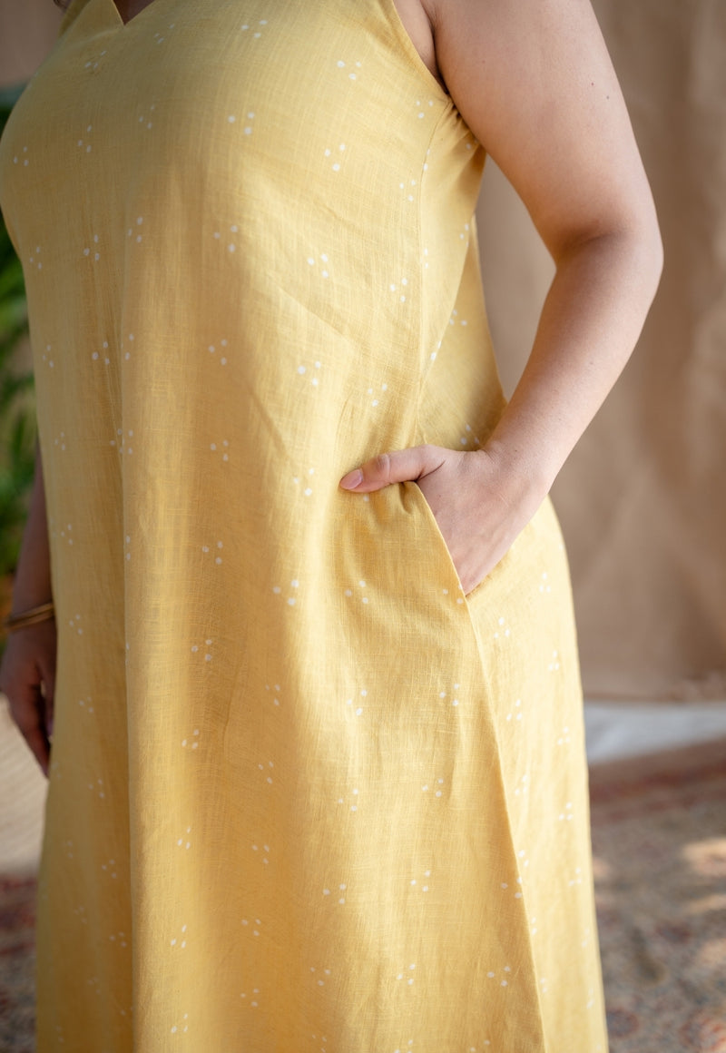 Mariam Yellow A Line Dabu Slub Cotton Dress