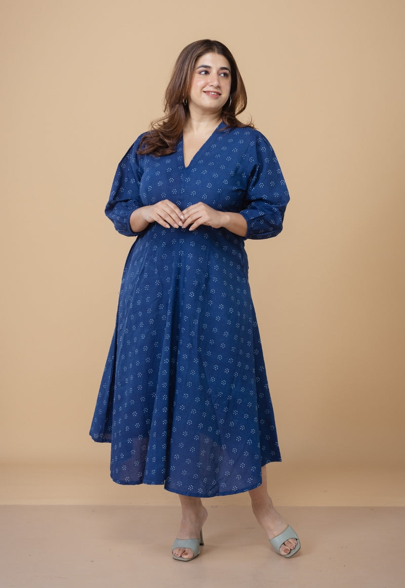 Eyza Blue Dabu Cotton A Line Dress