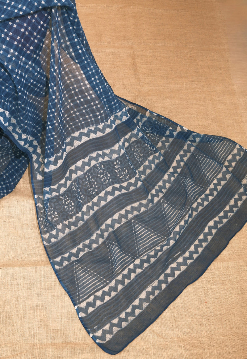 Blue Checks Dabu Hand Block Print Kota Doria Saree