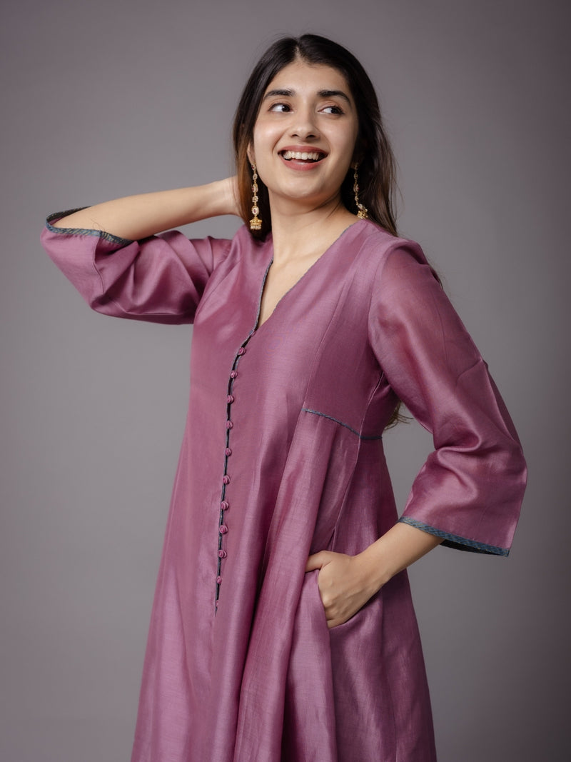 Deepa Purple Solid Chanderi Silk Kali Kurta with Hand Embroidery
