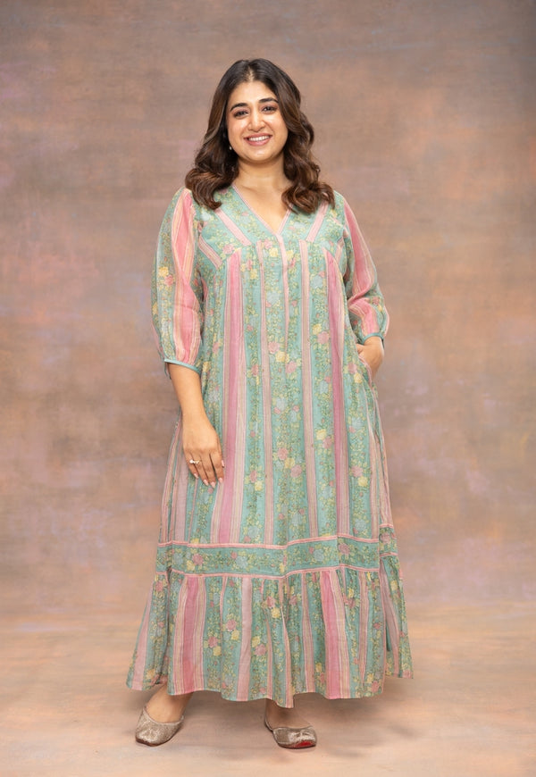 Rosy Blue Sanganeri Chanderi Silk A Line Dress with Hand Embroidery