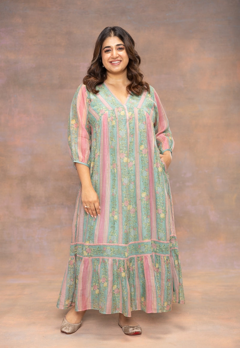 Rosy Blue Sanganeri Chanderi Silk A Line Dress with Hand Embroidery
