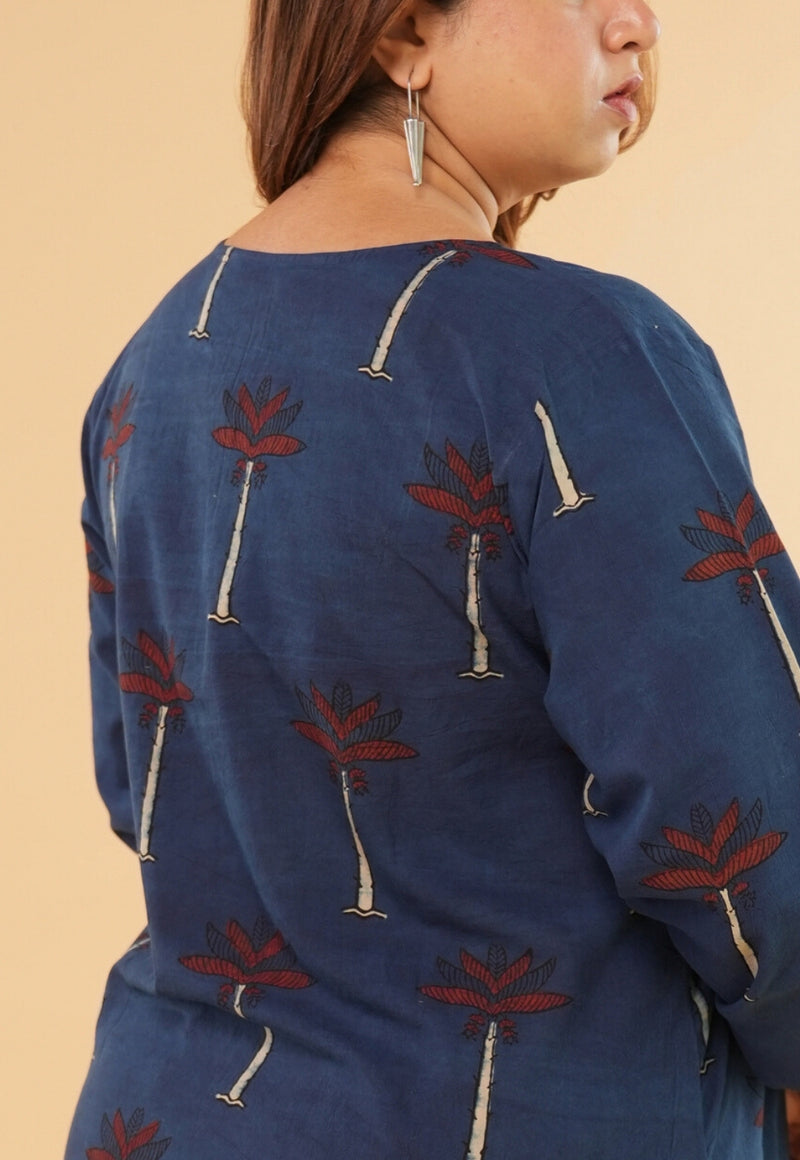 Mishel Blue Ajrakh Cotton Straight Short Top