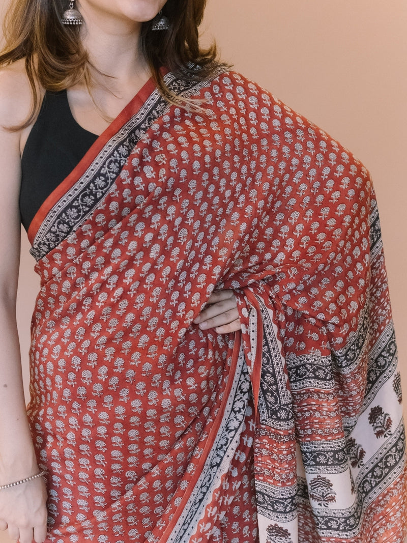 Red Butti Bagru Hand Block Print Modal Saree