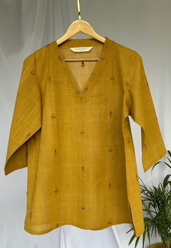 Sanika Mustard Jamdani Handloom Cotton Straight Short Top