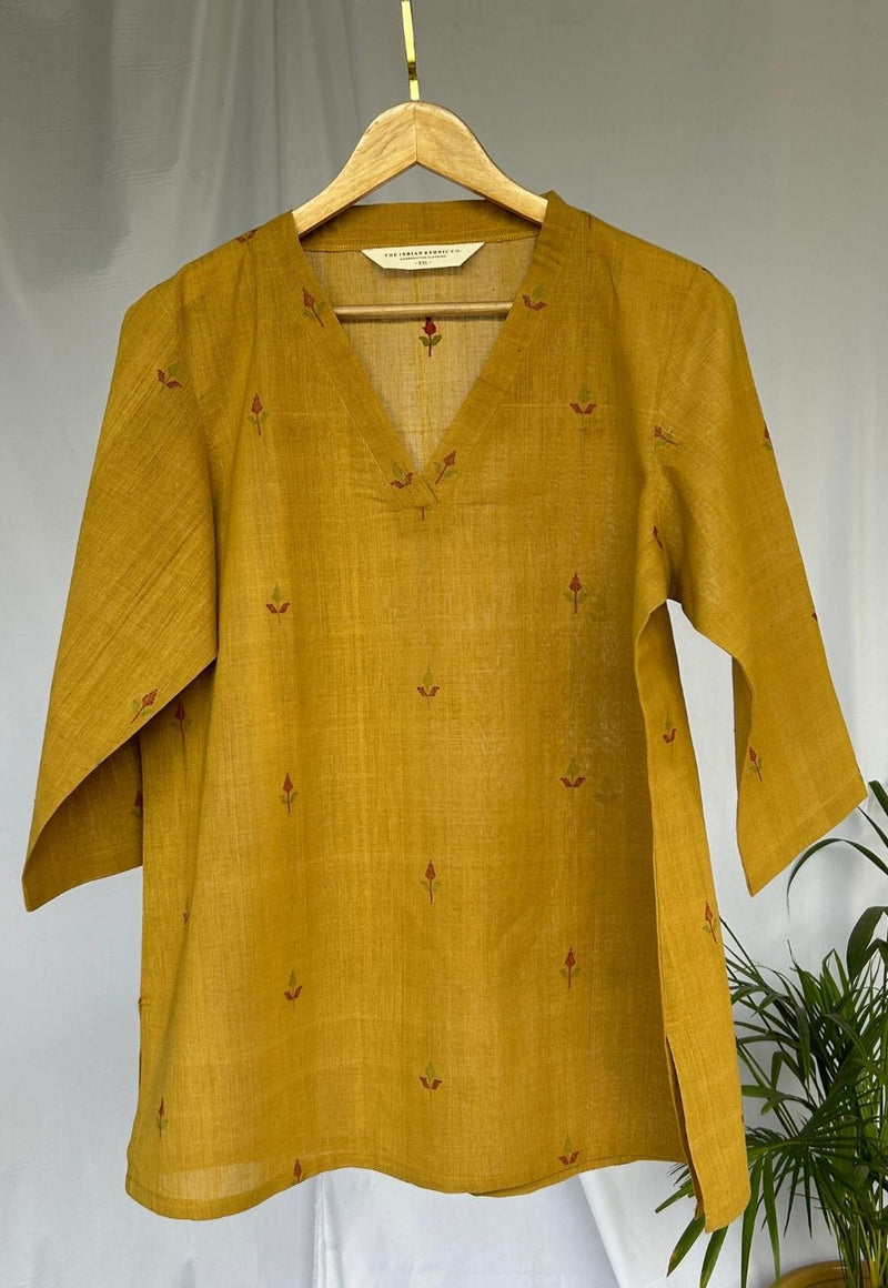 Sanika Mustard Jamdani Handloom Cotton Straight Short Top