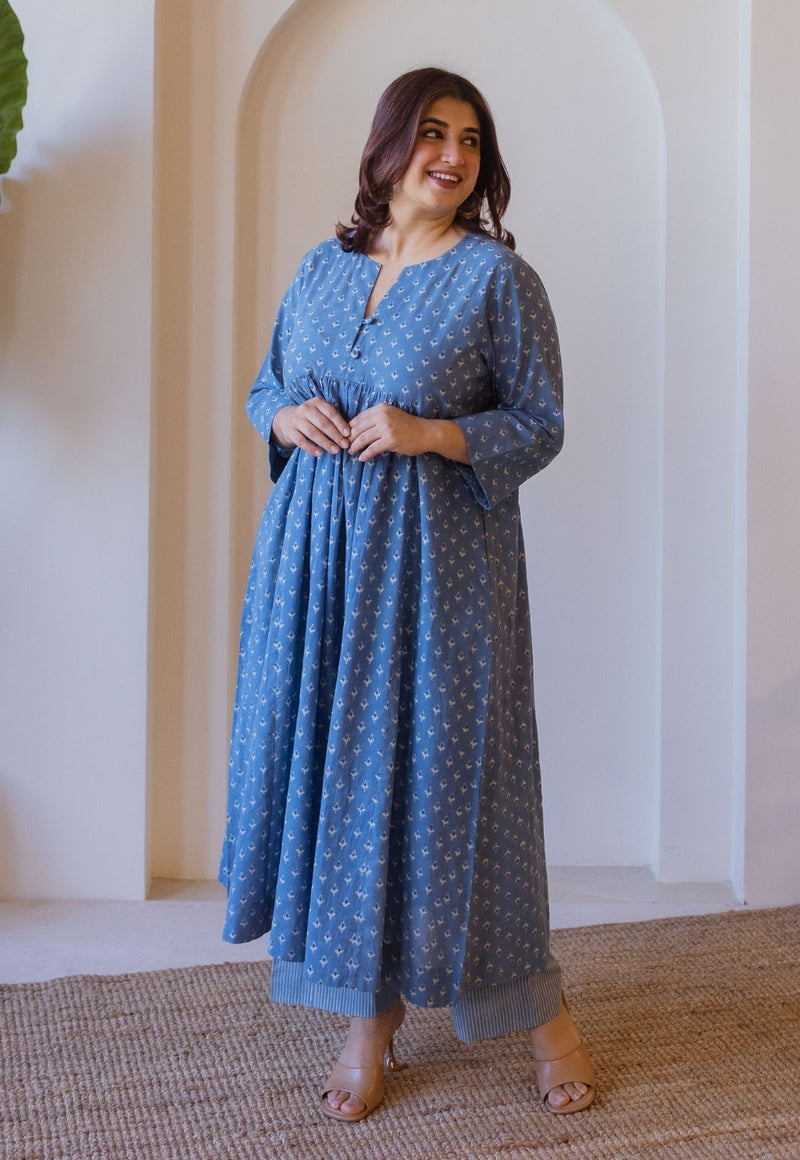 Apurva Blue Cotton Ajrakh A Line Kurta