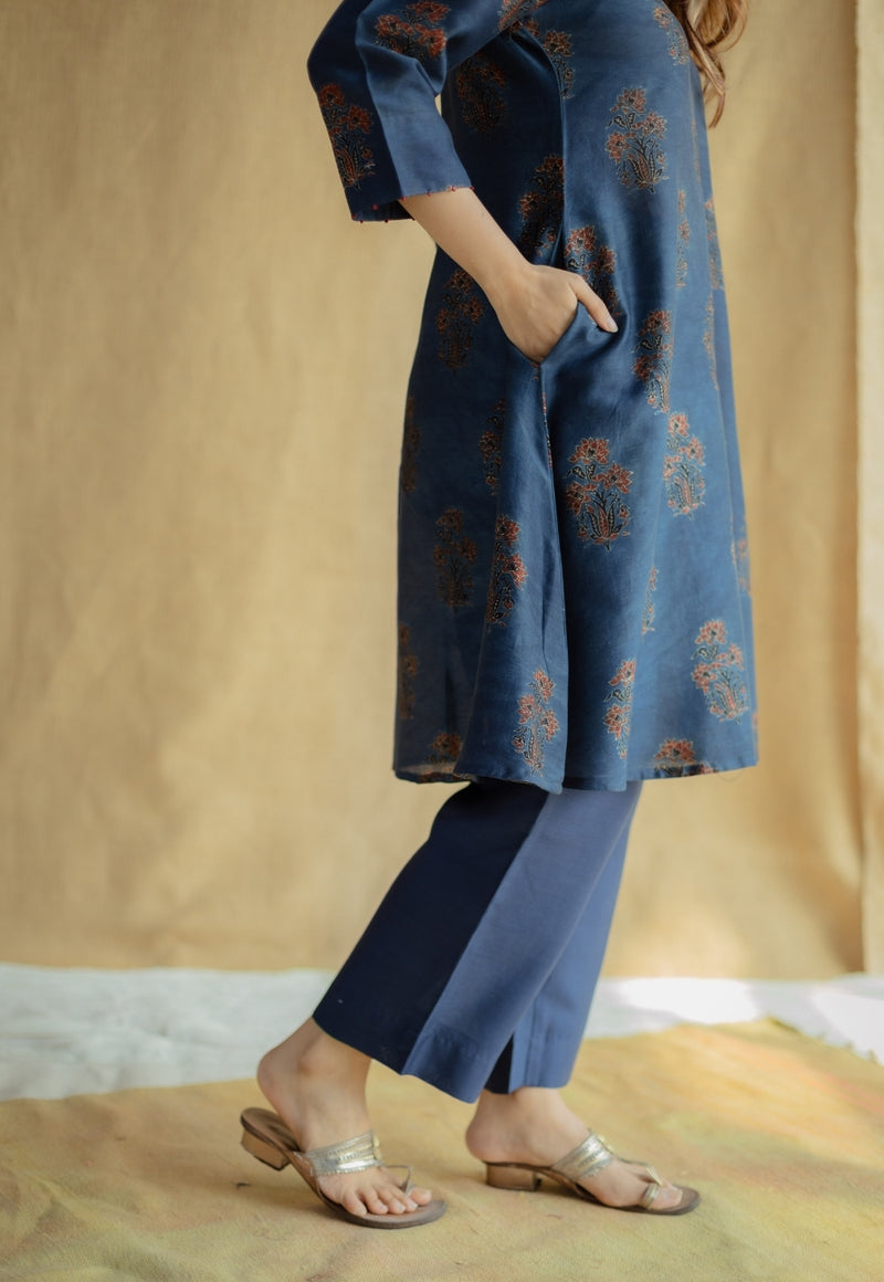 Daksha Dark Indigo Ajrakh Chanderi Silk A Line Kurta with Hand Embroidery