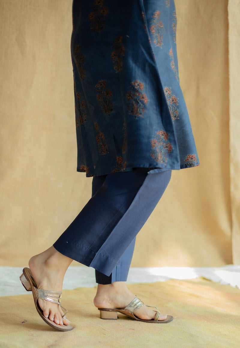 Daksha Dark Indigo Ajrakh Chanderi Silk A Line Kurta with Hand Embroidery