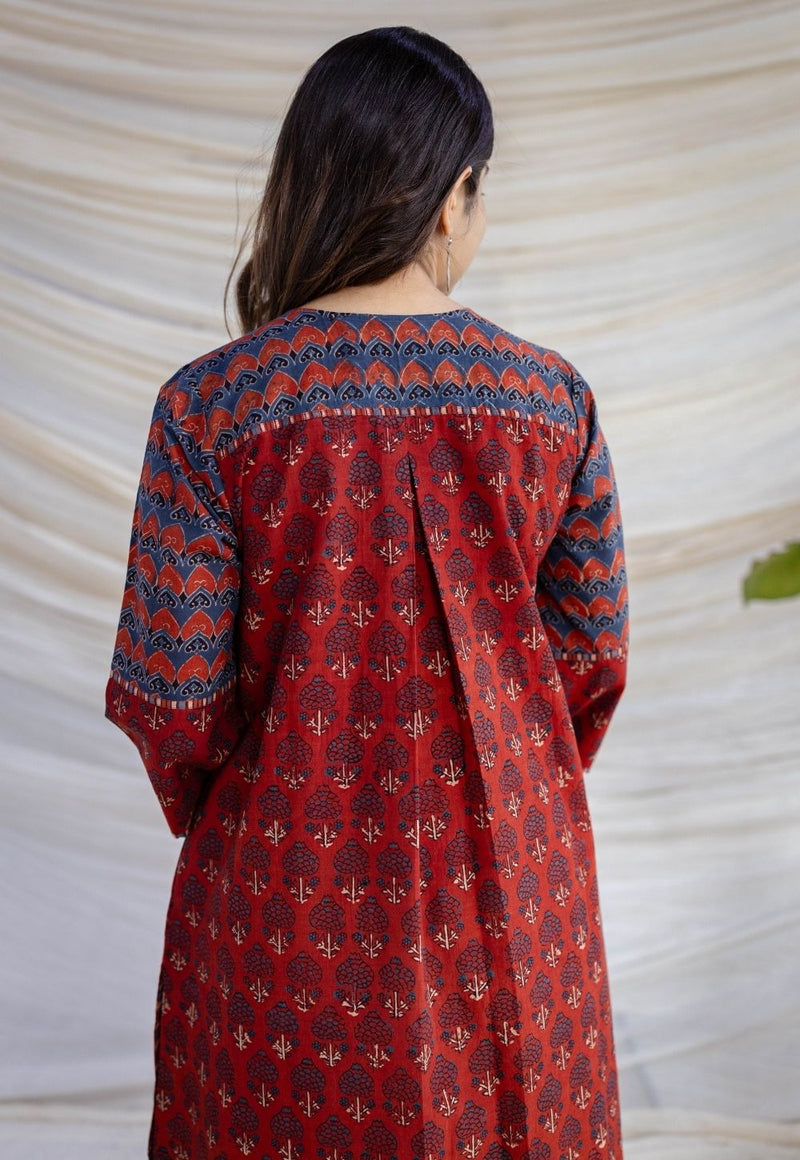 Divyathi Maroon Ajrakh Cotton A Line Kurta