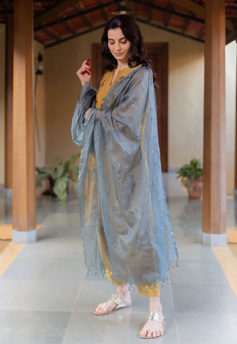 Dusty Teal Solid Kota Doria Silk Dupatta with Mukaish Detailing