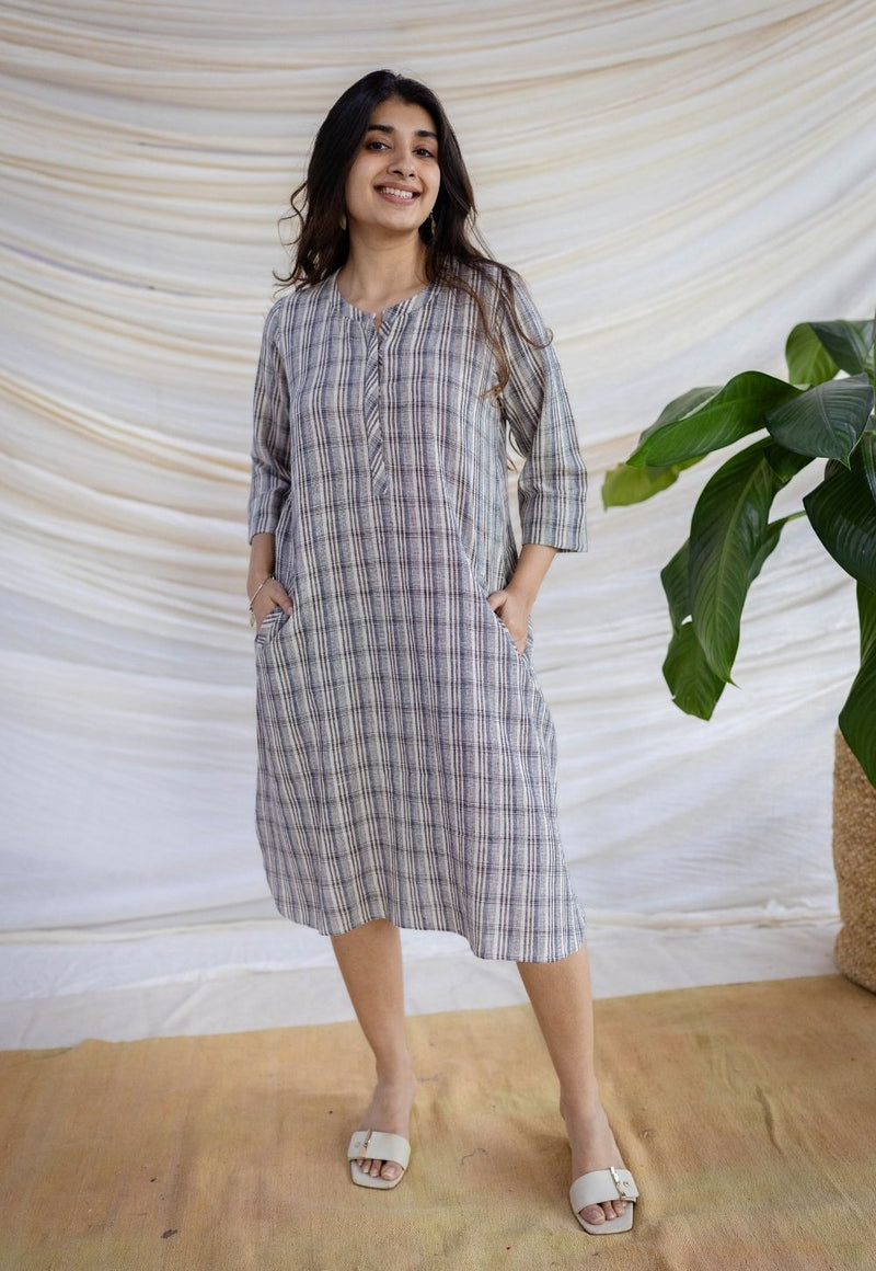 Nura Off White Handwoven Kala Cotton Straight Dress