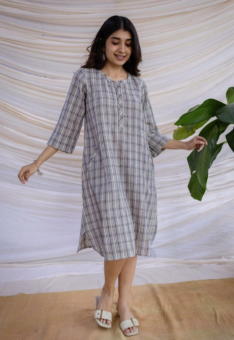 Nura Off White Handwoven Kala Cotton Straight Dress