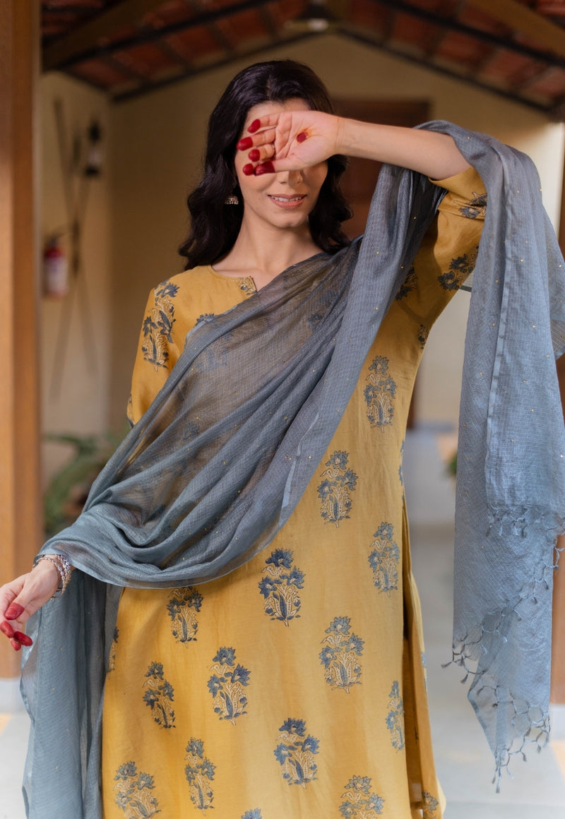 Daksha Mustard Ajrakh Chanderi Silk A Line Kurta with Hand Embroidery