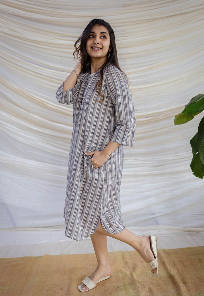 Nura Off White Handwoven Kala Cotton Straight Dress