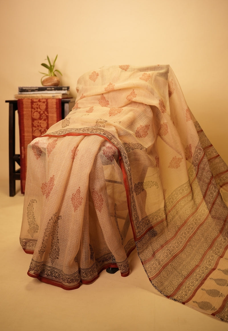 Beige Butta Bagru Hand Block Print Kota Doria Saree