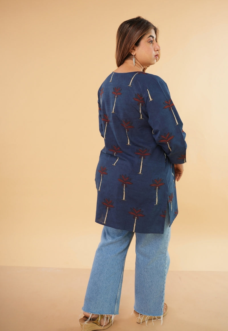 Mishel Blue Ajrakh Cotton Straight Short Top