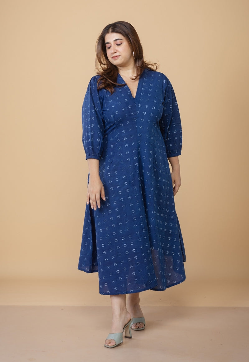 Eyza Blue Dabu Cotton A Line Dress