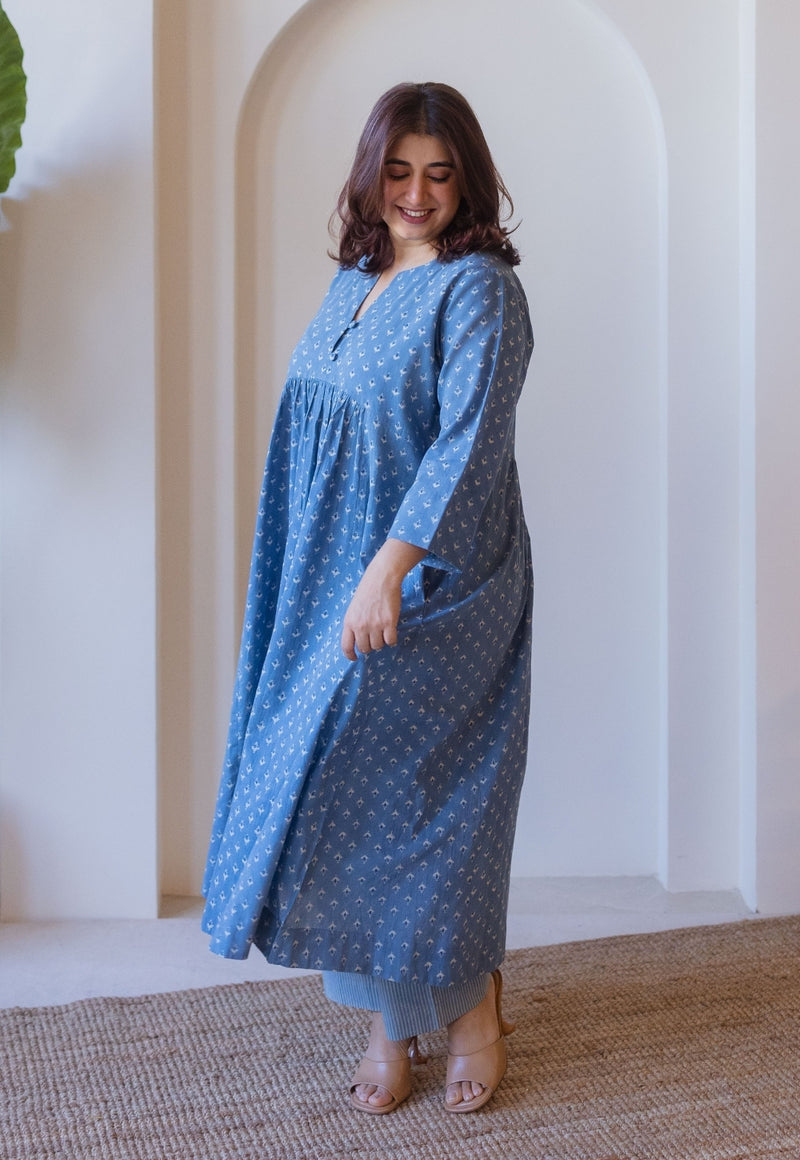 Apurva Blue Cotton Ajrakh A Line Kurta