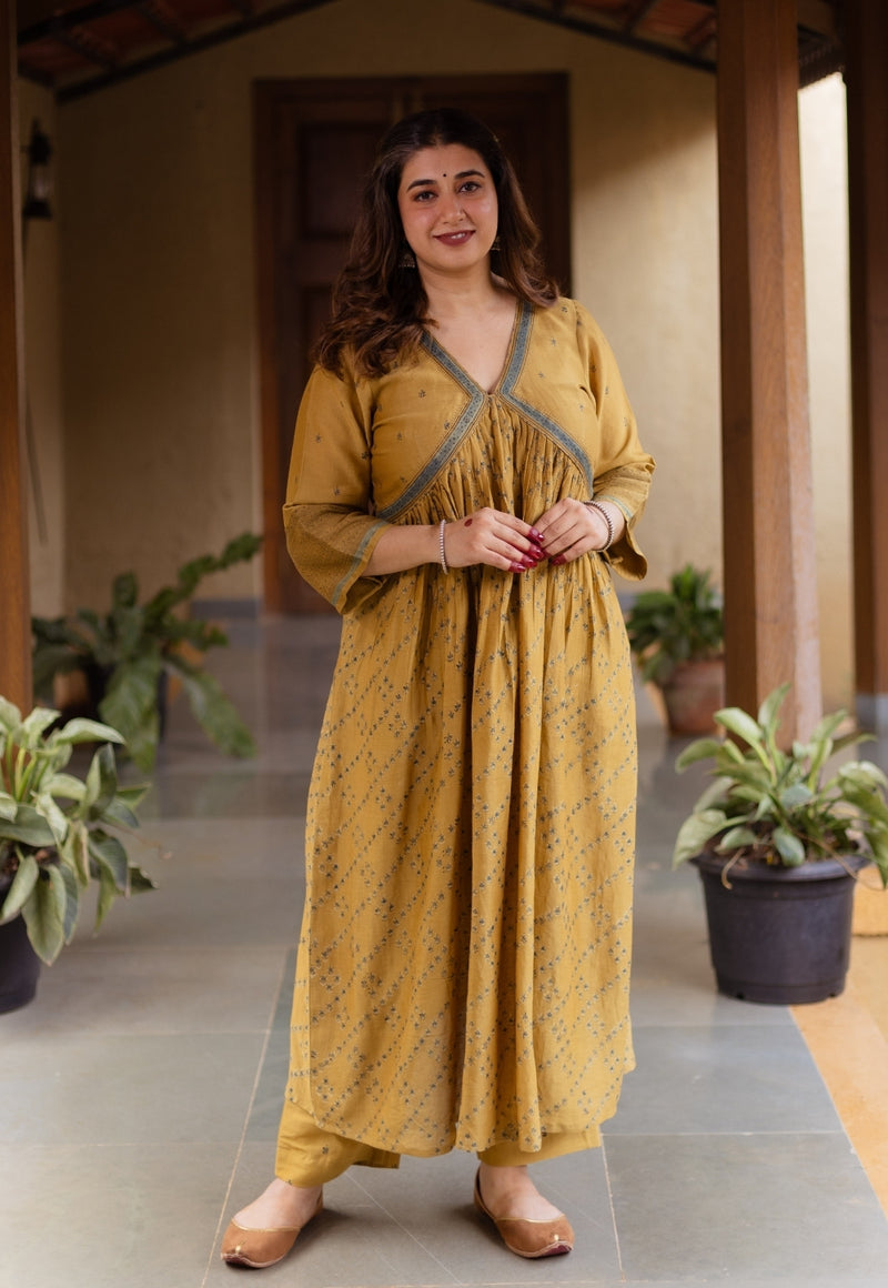 Yashi Mustard Ajrakh Chanderi Silk Straight Pant