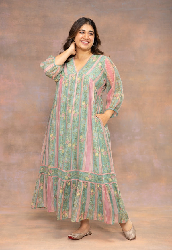 Rosy Blue Sanganeri Chanderi Silk A Line Dress with Hand Embroidery