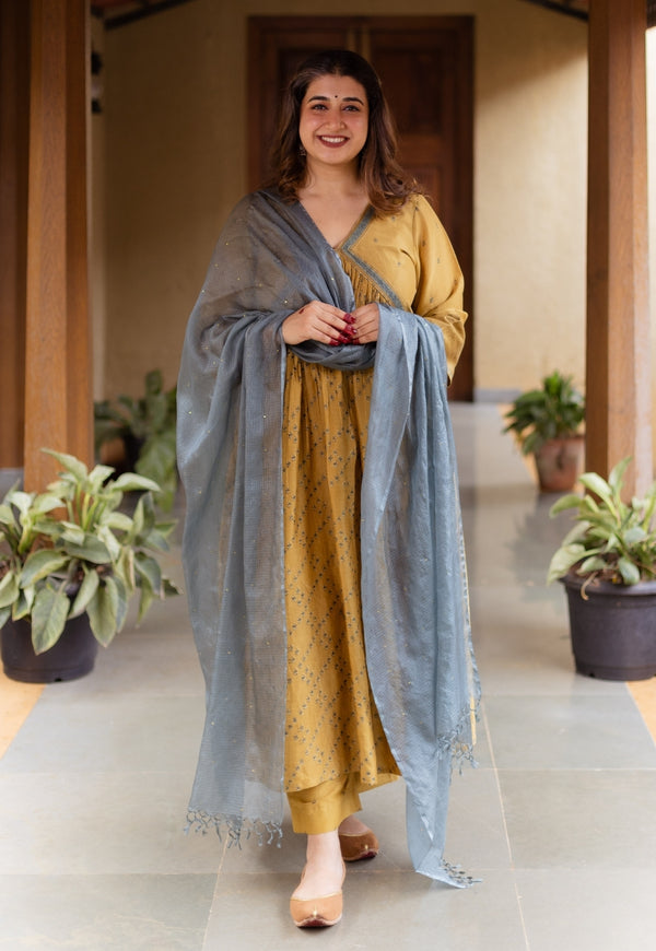 Mehek Mustard Ajrakh Chanderi Silk A Line Kurta with Hand Embroidery