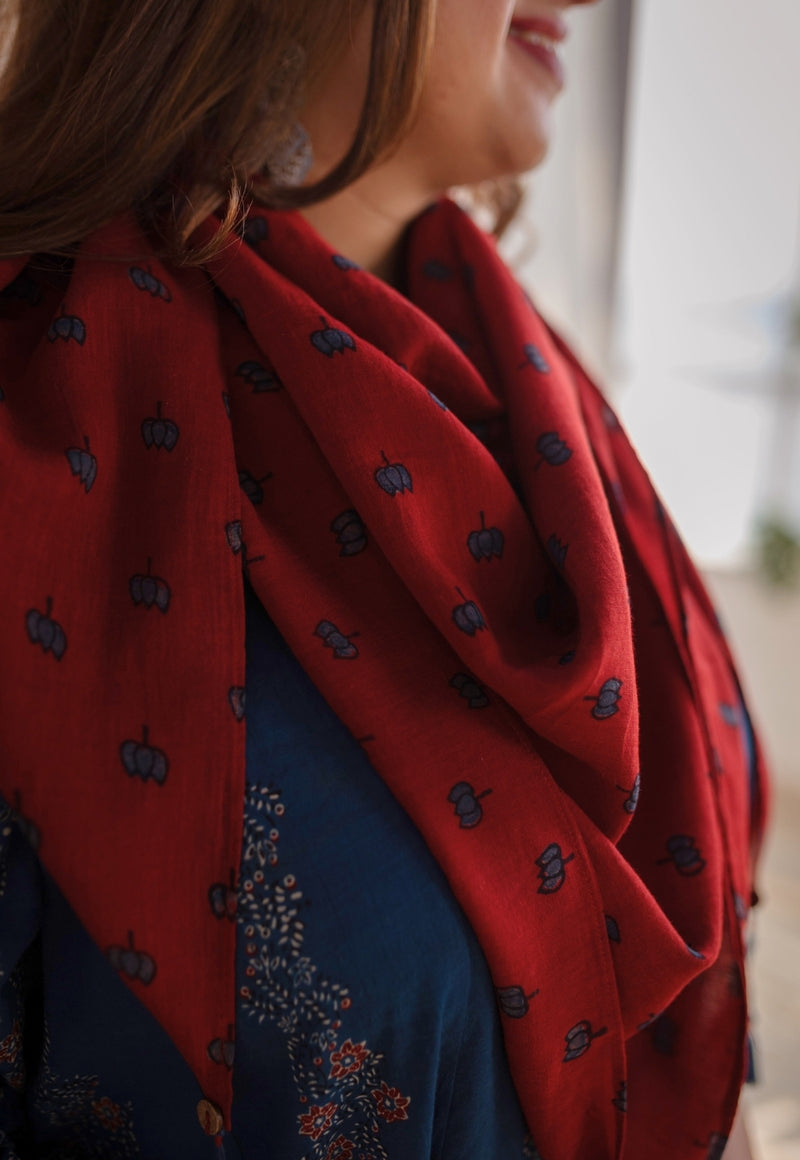 Red Ajrakh  Lotus Butti Mul Scarf