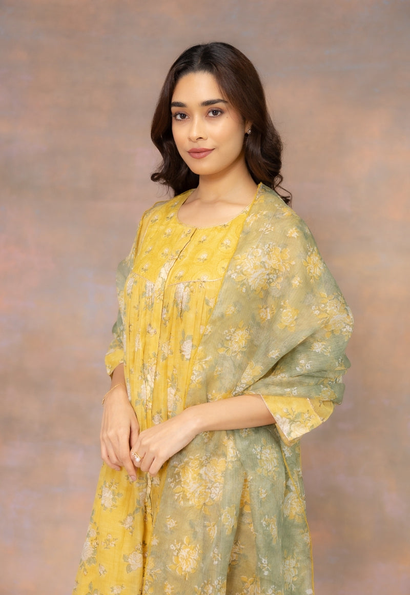 Rosa Yellow Sanganeri Chanderi Silk A Line Kurta with Hand Embroidery and Slip