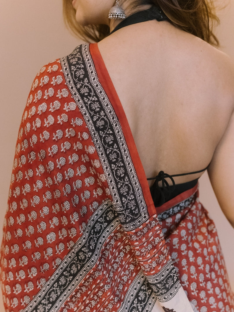 Red Butti Bagru Hand Block Print Modal Saree