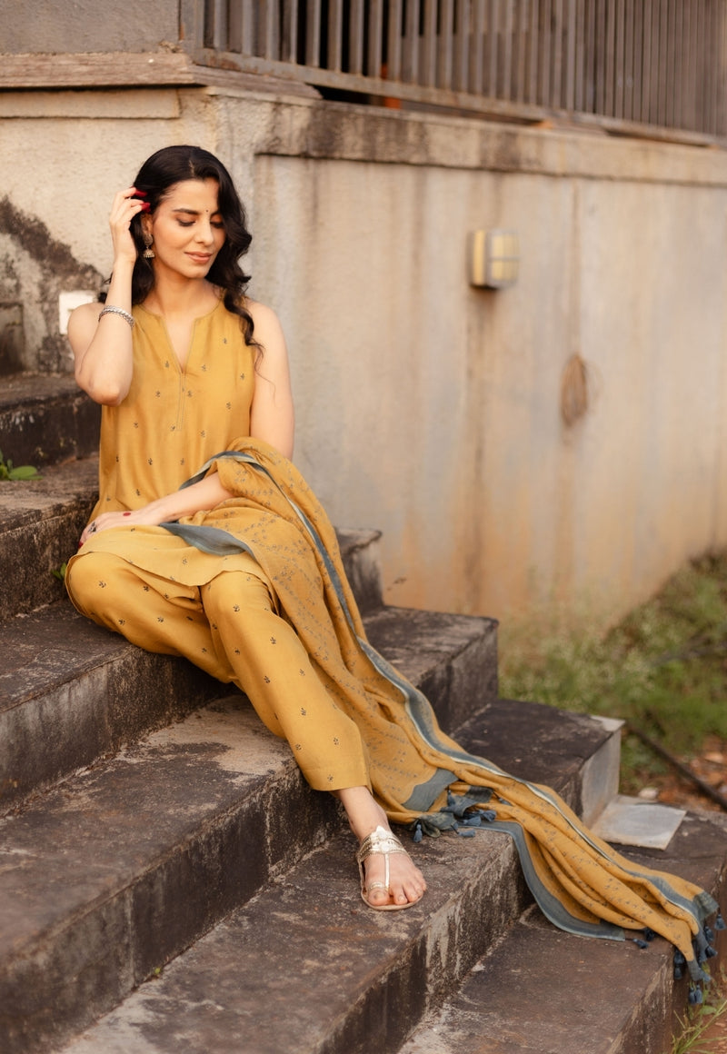 Nida Mustard Ajrakh Chanderi Silk A Line Kurta with Hand Embroidery