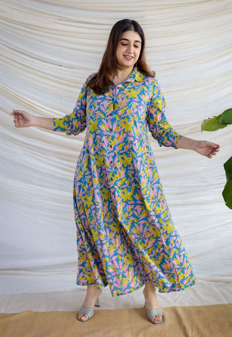 Trusha Blue Sanganeri Cotton A Line Dress