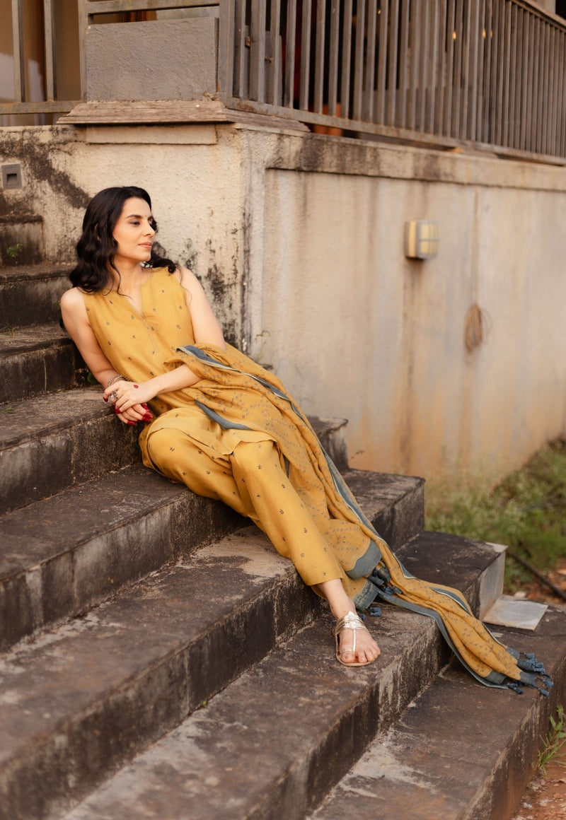 Nida Mustard Ajrakh Chanderi Silk A Line Kurta with Hand Embroidery