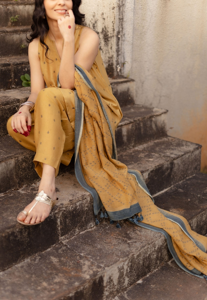 Nida Mustard Ajrakh Chanderi Silk A Line Kurta with Hand Embroidery