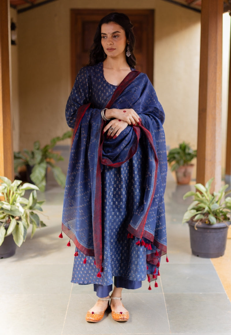 Adara Dark Indigo Ajrakh Chanderi Silk Kali Kurta with Hand Embroidery