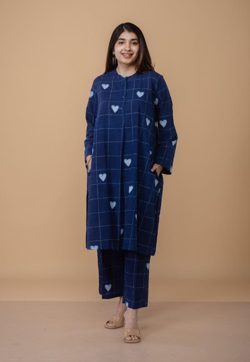 Ayaat Blue Dabu Cotton Straight Co-Ord Set
