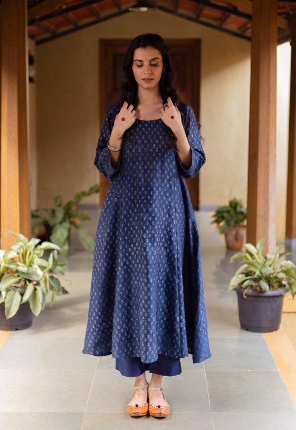 Adara Dark Indigo Ajrakh Chanderi Silk Kali Kurta with Hand Embroidery