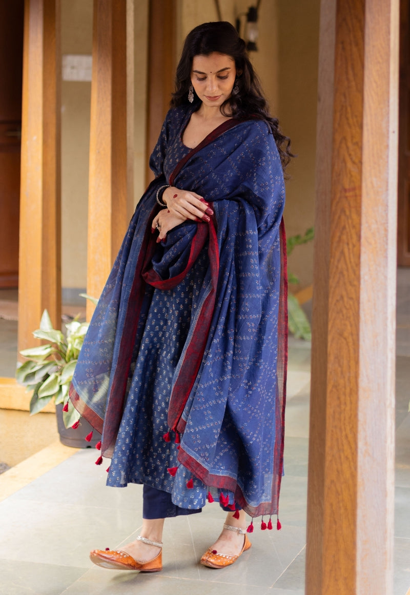 Adara Dark Indigo Ajrakh Chanderi Silk Kali Kurta with Hand Embroidery