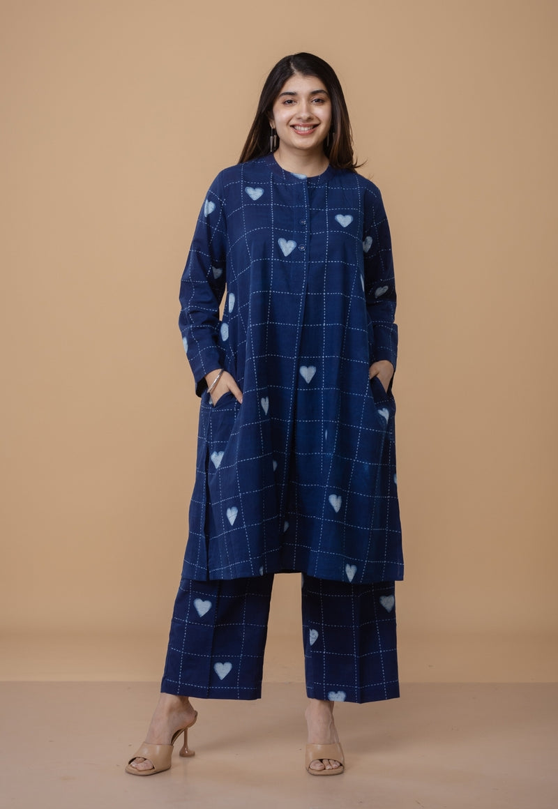 Ayaat Blue Dabu Cotton Straight Co-Ord Set