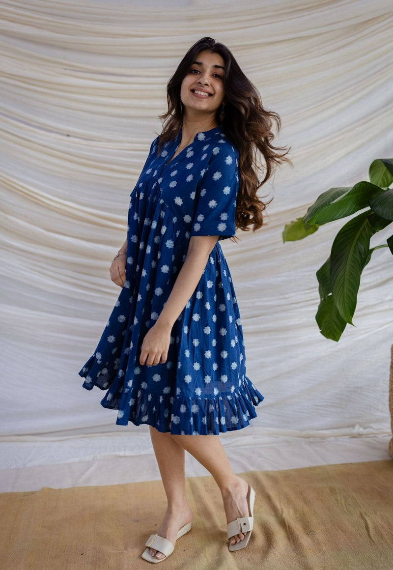 Nyla Indigo Dabu Cotton A Line Dress