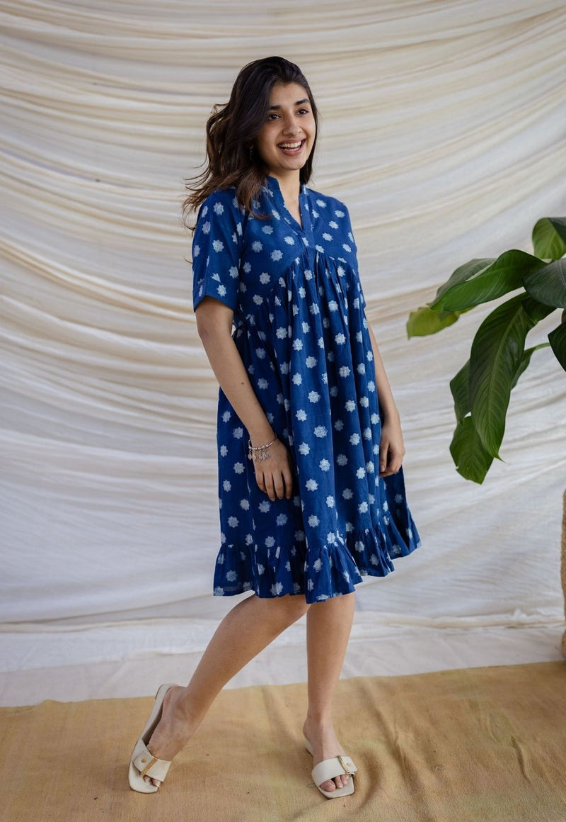 Nyla Indigo Dabu Cotton A Line Dress